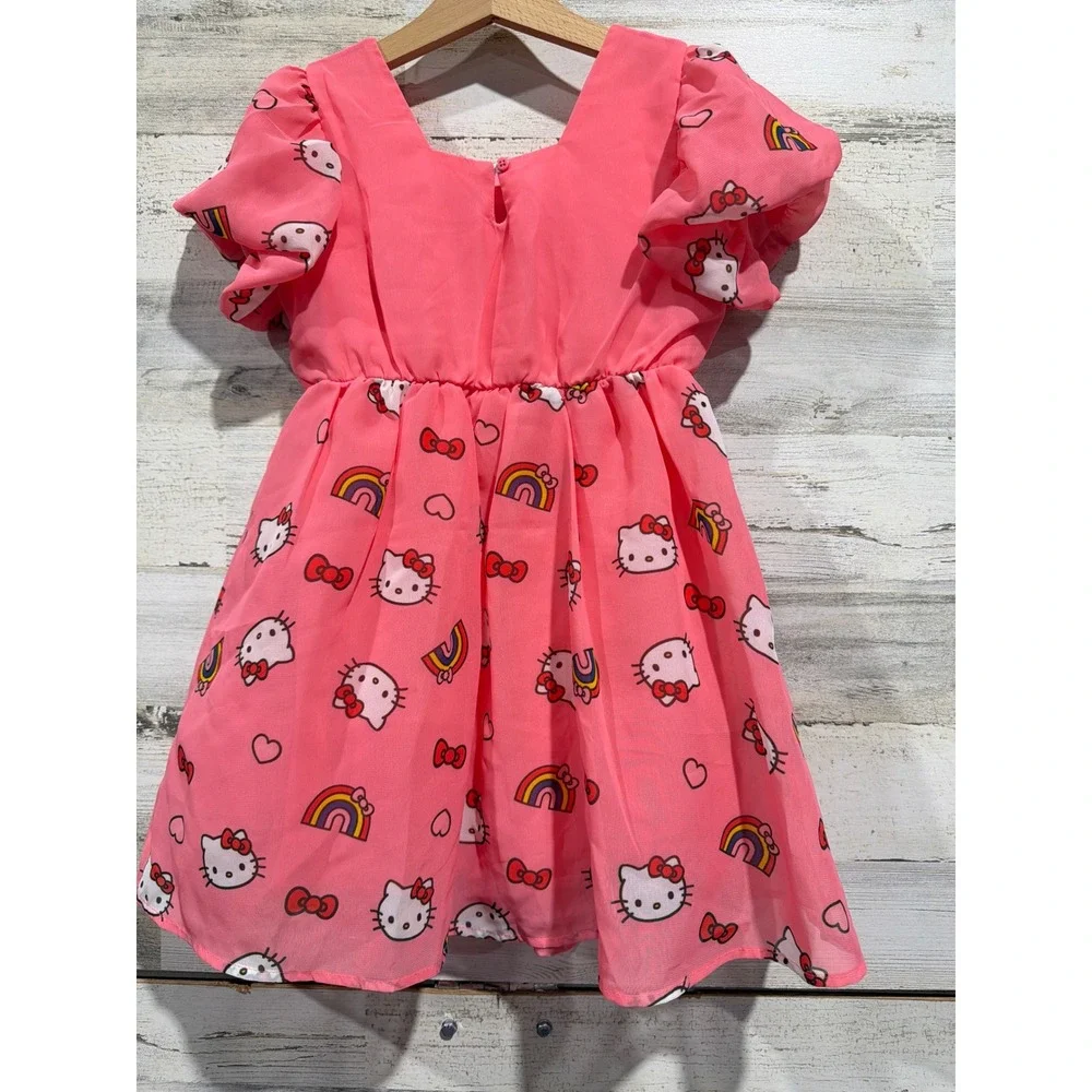 Sanrio Hello Kitty Dress Girls 5 Pink Puff Sleeve Rainbow Sanriocore EUC
